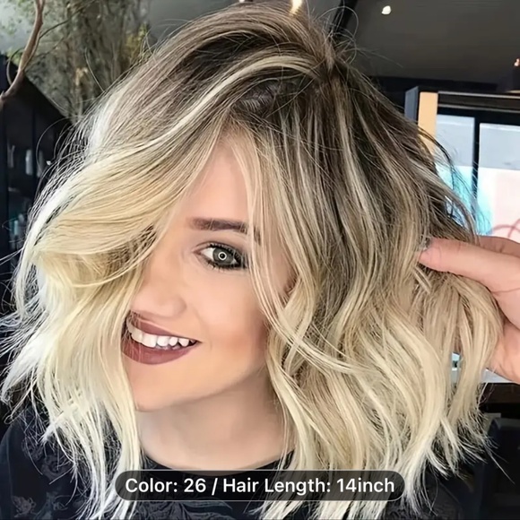 14-Inch Golden Curly Wig with Light Brown to Blonde Highlights - Natural - Picture 2 of 4